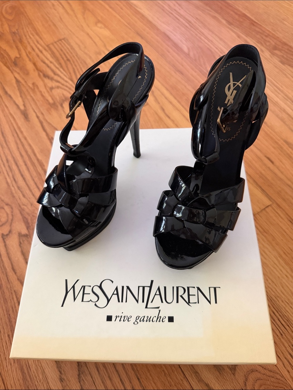 Yves Saint Laurent Black Patent Platform Strappy Stiletto Sandals